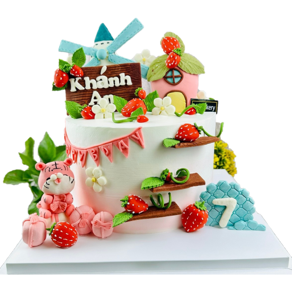 Bánh kem tươi fondant hổ chibi và và dâu tây