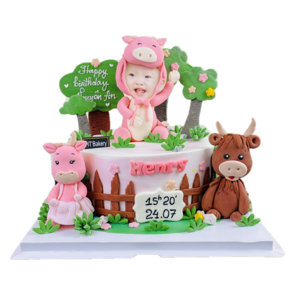 Bánh kem tươi fondnat tạo hình bé trâu hồng ngộ nghĩnh theo yêu cầu