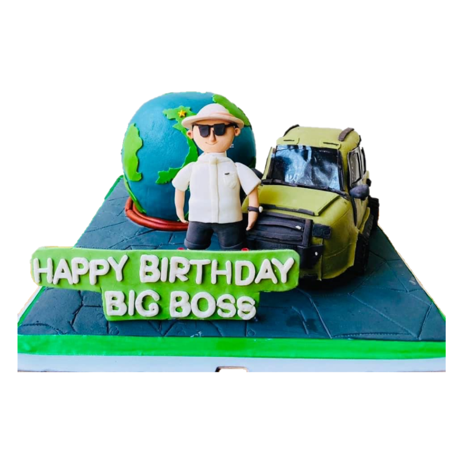 Bánh kem tươi fondant tạo hình quả địa cầu và oto kem bơ phomai