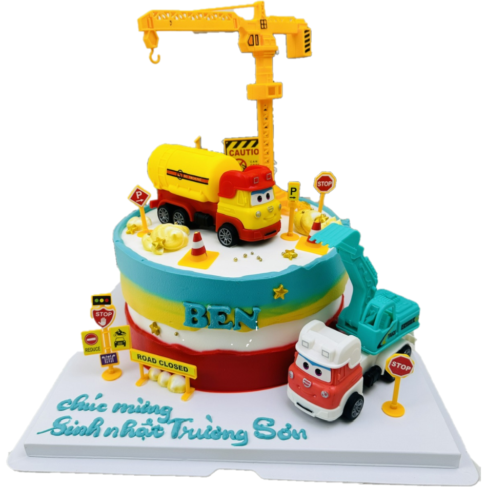 Bánh kem tươi máy xúc xe bồn màu sắc