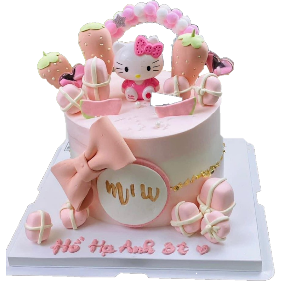 Bánh kem tươi Mèo kitty hồng tạo hình fondant dâu tây hồng