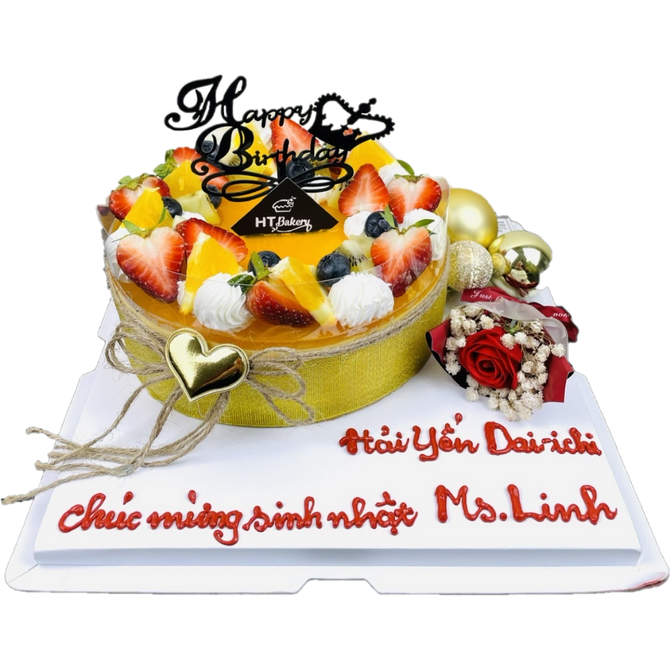 Bánh mousse chanh leo tròn kèm bó hoa hồng và bóng vàng