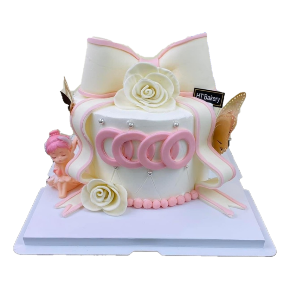 Bánh kem tươi nơ fondant sang choảnh màu hồng bé gái