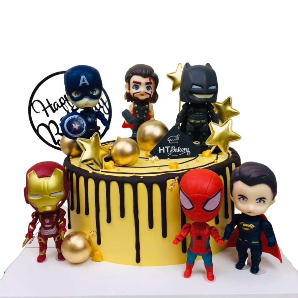 Bánh sinh nhật 6 anh hùng màu vàng