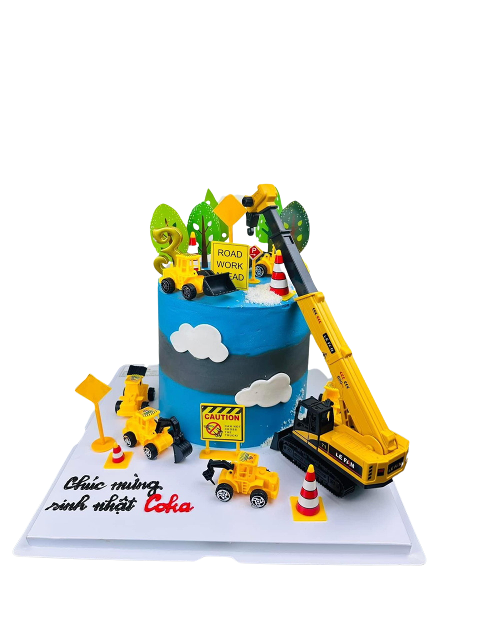 Bánh sinh nhật bộ máy xúc công trường biển báo sinh động