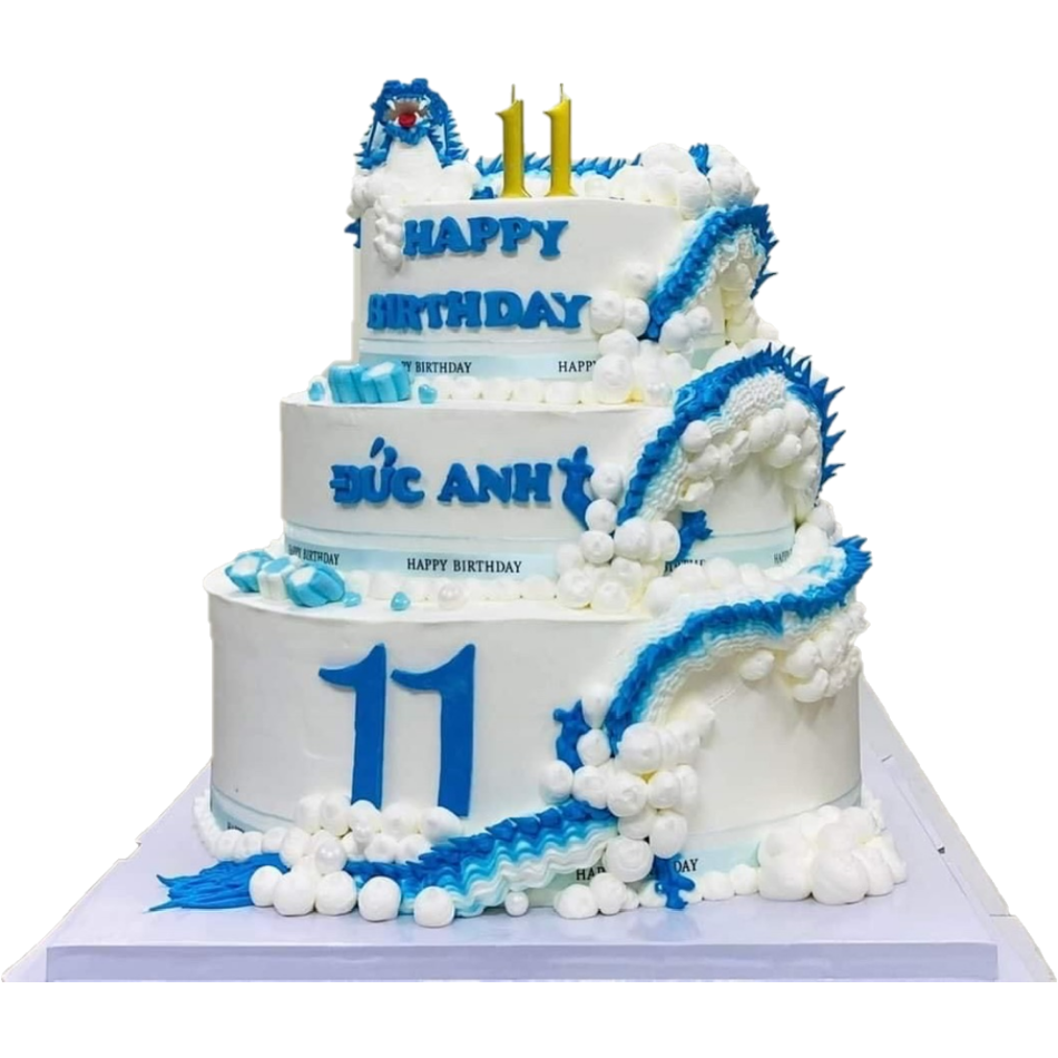 Bánh kem tươi sinh nhật công ty, sự kiện siêu to màu trắng họa tiết xanh biển 3 tầng