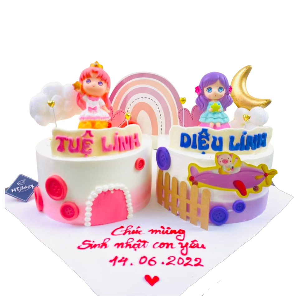 Bánh sinh nhật đôi hai chị em gái hồng - tím