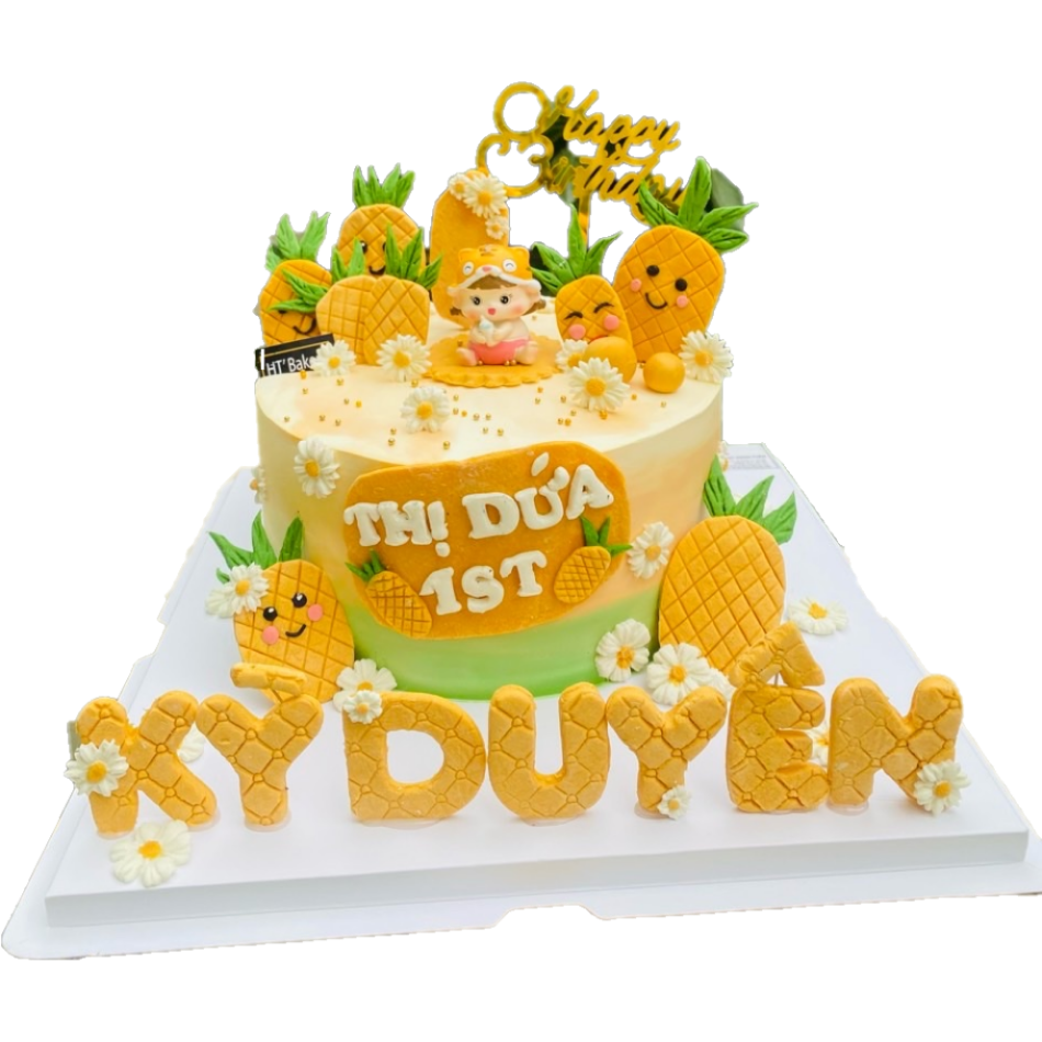 Bánh kem tươi sinh nhật đường fondant tạo hình bé gái và quả dứa siêu ngộ nghĩnh