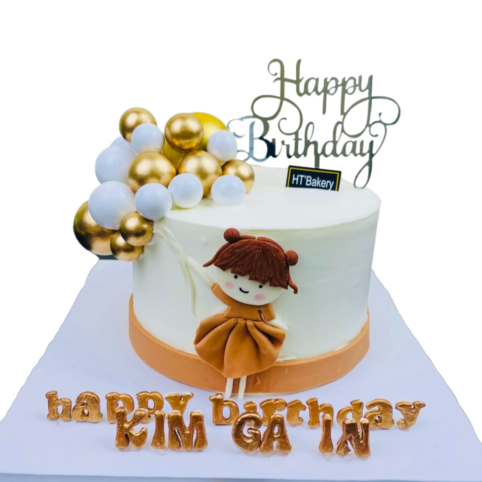 Bánh sinh nhật fondant bé gái váy cam bóng vàng