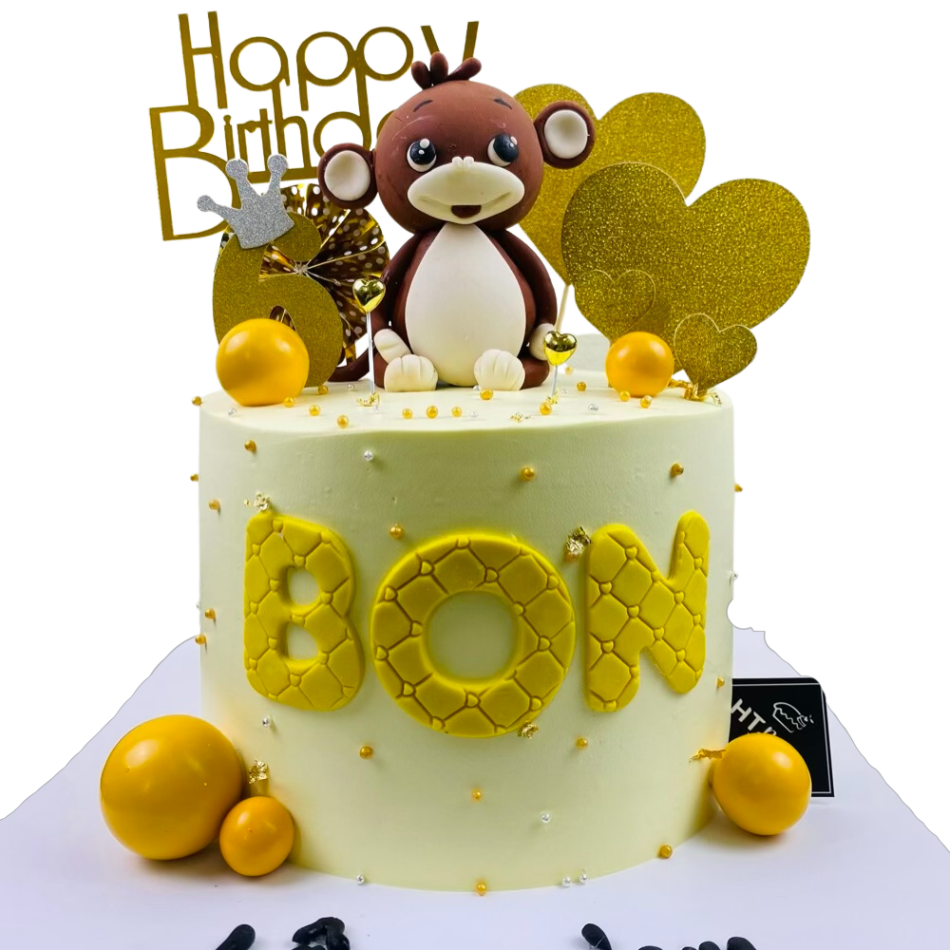 Bánh sinh nhật fondant chú khỉ vàng ngộ nghĩnh Size 16 cao 10cm