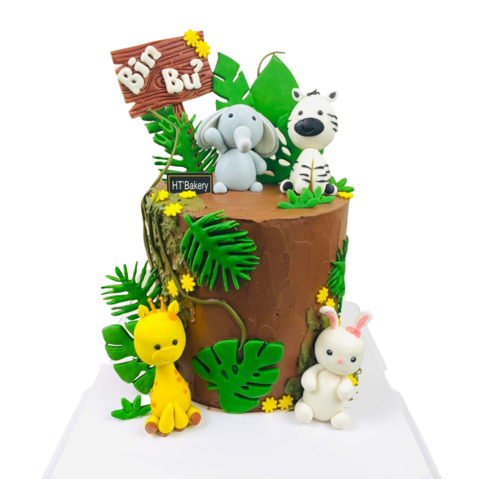 Bánh sinh nhật fondant voi xám hươu cao cổ thỏ trắng ngựa vằn