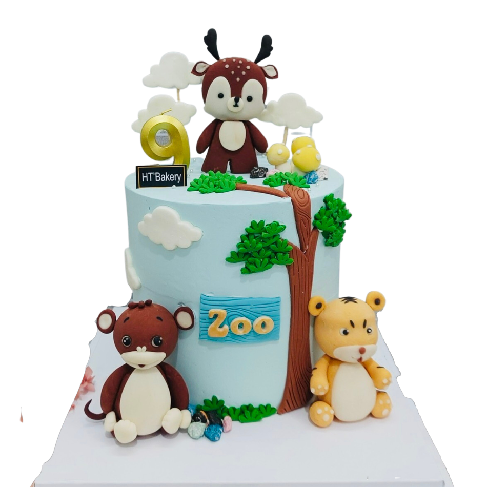 Bánh sinh nhật fondant vườn bách thú tuần lộc hổ vàng