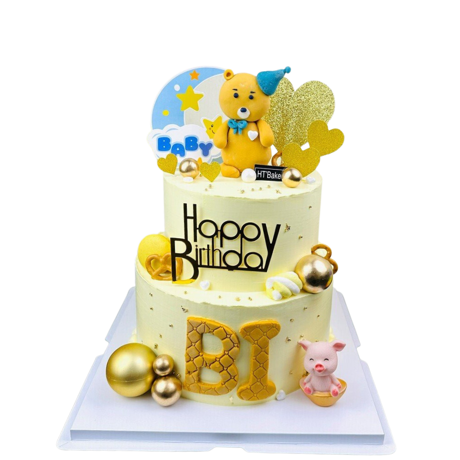Bánh kem tươi sinh nhật gấu fondant vàng 2 tầng HTBakery 18cm+14cm
