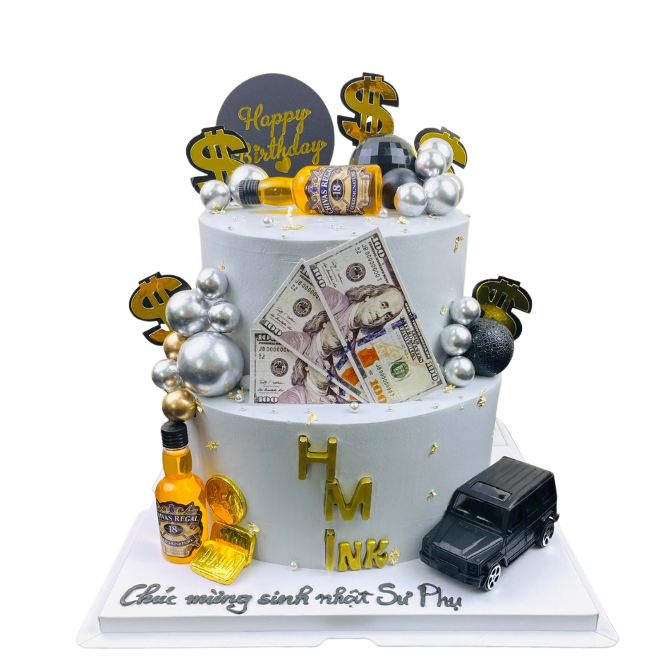 Bánh sinh nhật hai tầng đô la phú quý tài lộc