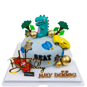 Bánh sinh nhật kem tươi quả địa cầu khủng long ô tô bóng vàng