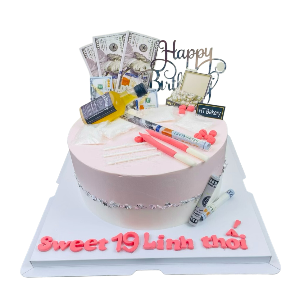 Bánh sinh nhật kem tươi tài lộc đô la chai rượu hồng