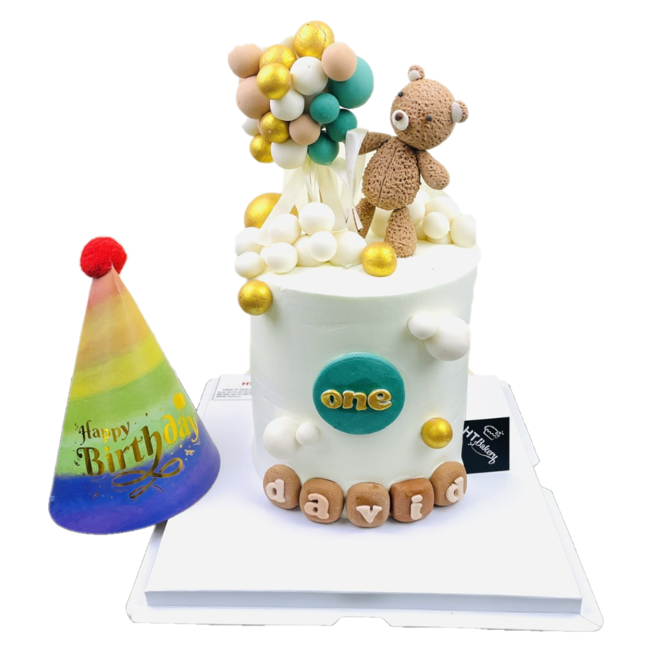 Bánh kem tươi tạo hình fondant gấu teddy và chùm bóng